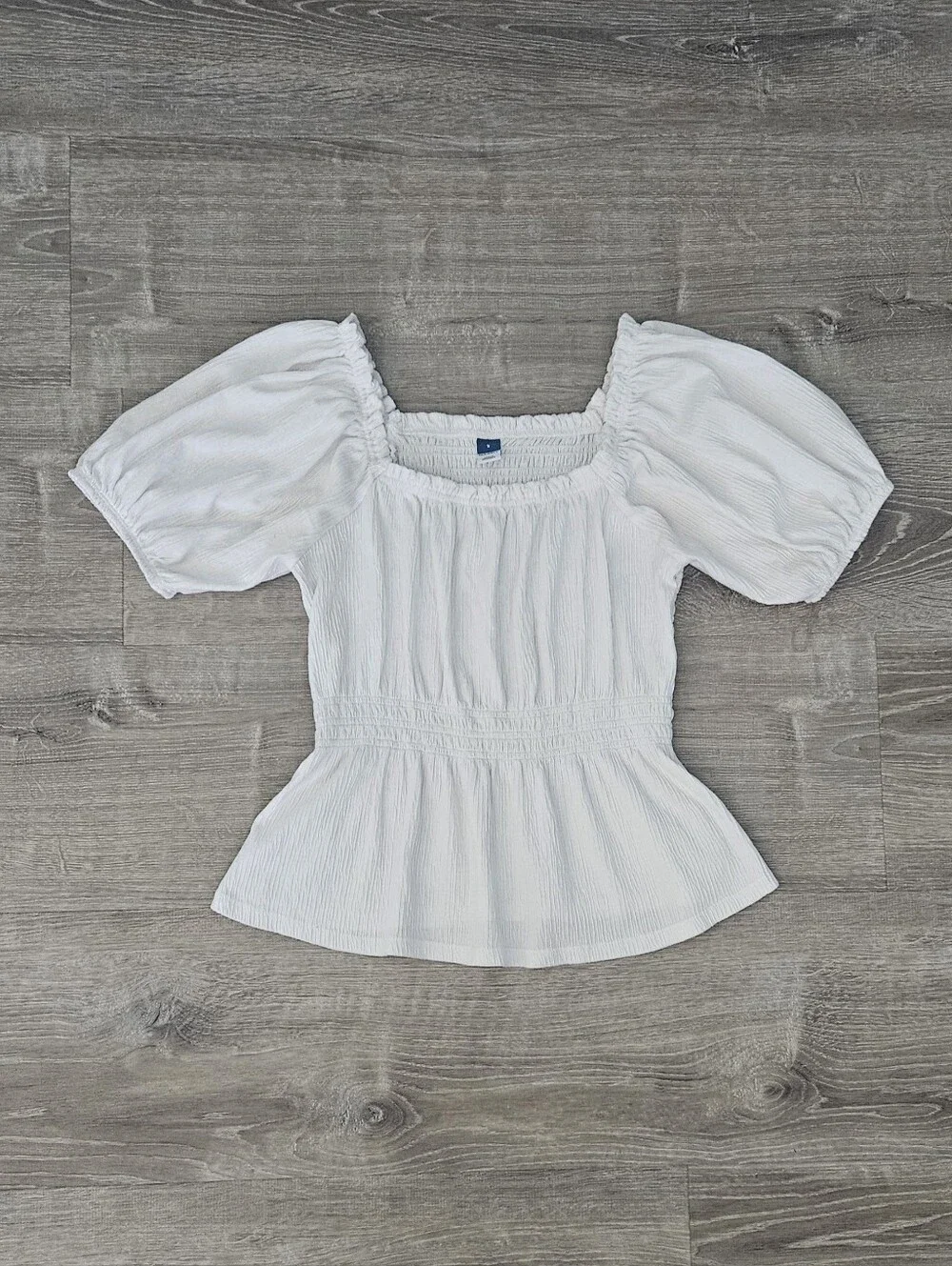 Smocked White Puff Sleeve Top Peasant Boho Cottagecore Ren Faire Milkmaid Sz S